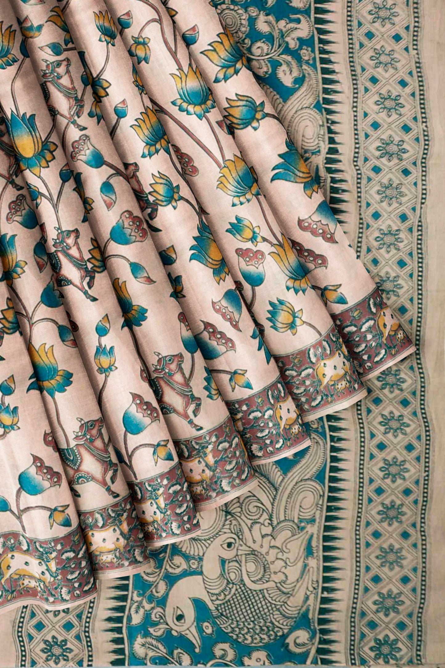 Off White Kalamkari Pure Cotton Lotus Print Peacock Pallu Saree