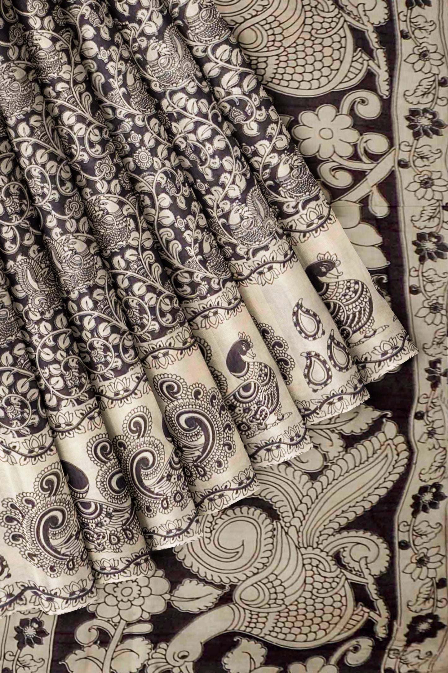 Black Kalamkari Pure Cotton Kalamkari Florals Peacock Border Pallu Saree