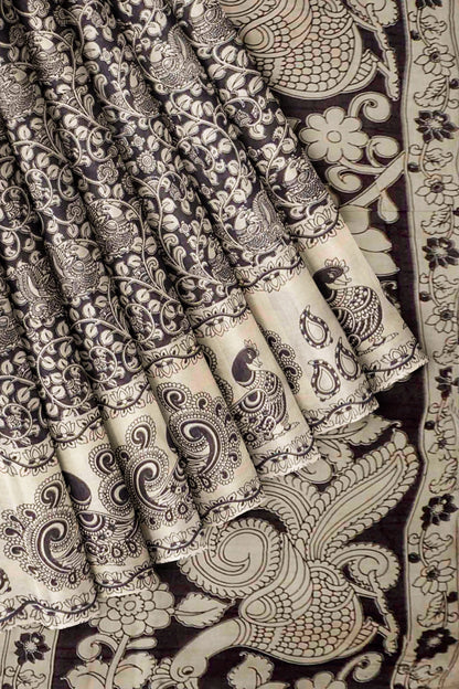 Black Kalamkari Pure Cotton Kalamkari Florals Peacock Border Pallu Saree