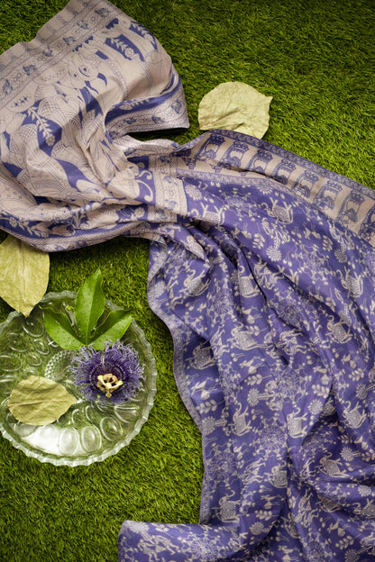 Violet Kalamkari Pure Cotton Warli Style Print  Saree