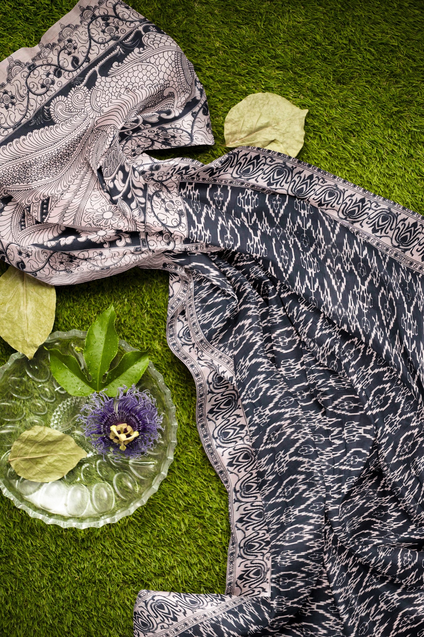 Black Kalamkari Pure Cotton Ikkat Style Print Peacock Pallu Saree