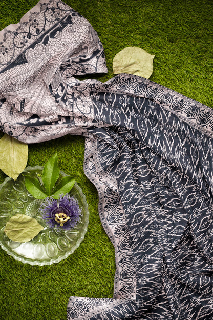 Black Kalamkari Pure Cotton Ikkat Style Print Peacock Pallu Saree