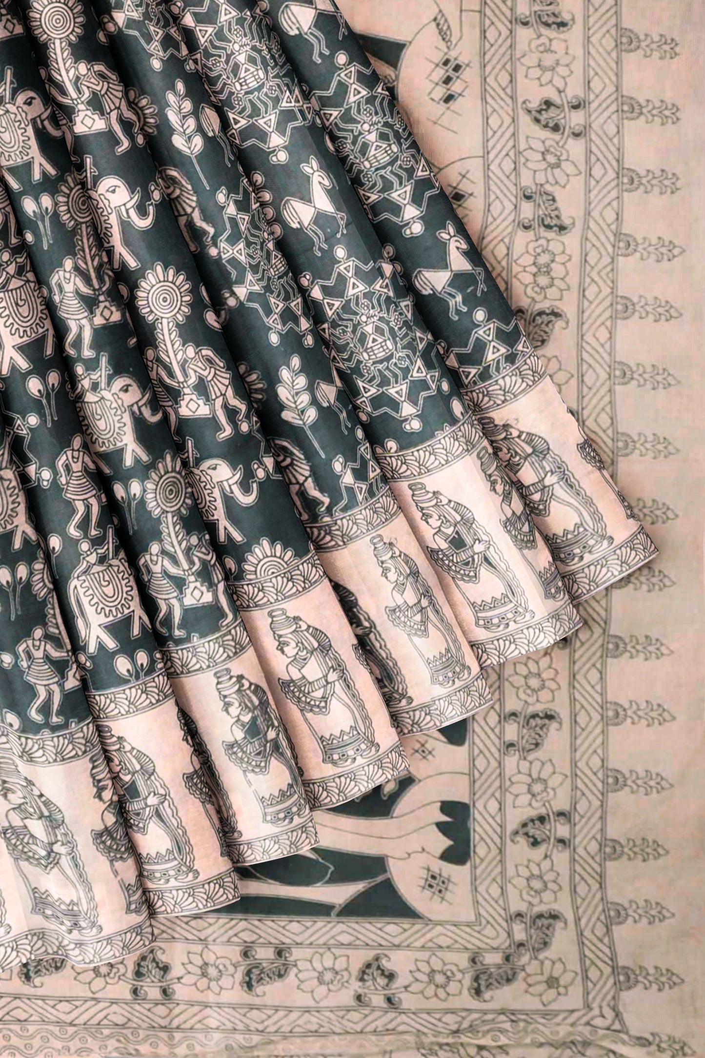 Black Kalamkari Pure Cotton Warli Inspired Print  Saree