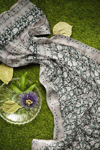 Black Kalamkari Pure Cotton Floral Scenes Print Saree