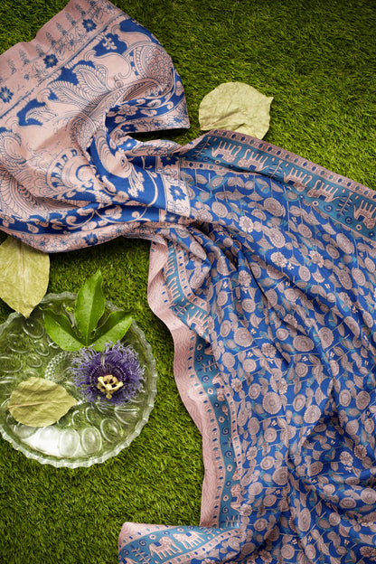 Blue Kalamkari Pure Cotton Elephant Border Peacock Pallu Saree