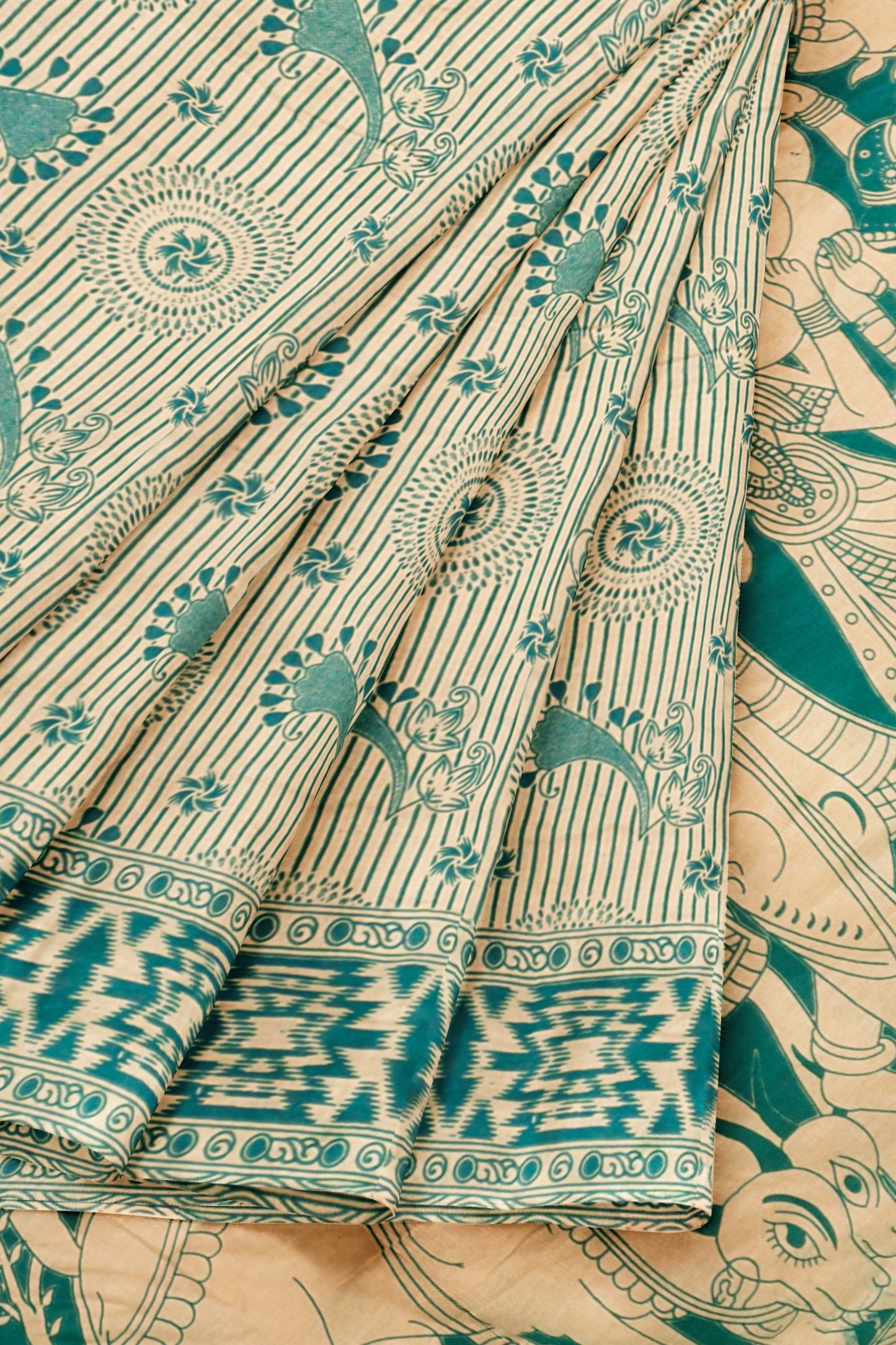 Off White Kalamkari Pure Cotton Chakra Print Vrindhavan Pallu Saree
