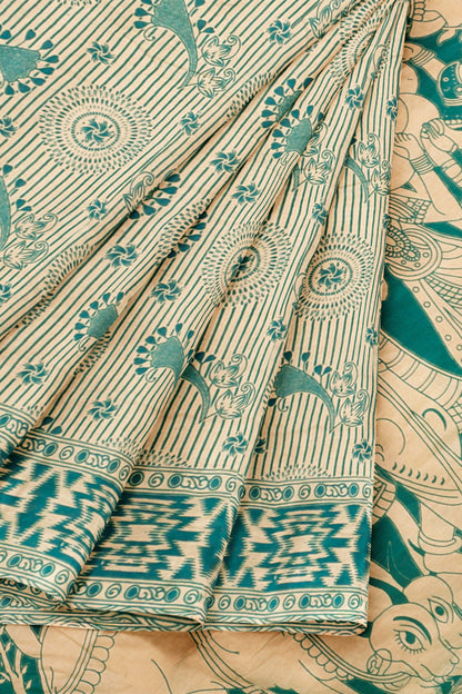 Off White Kalamkari Pure Cotton Chakra Print Vrindhavan Pallu Saree