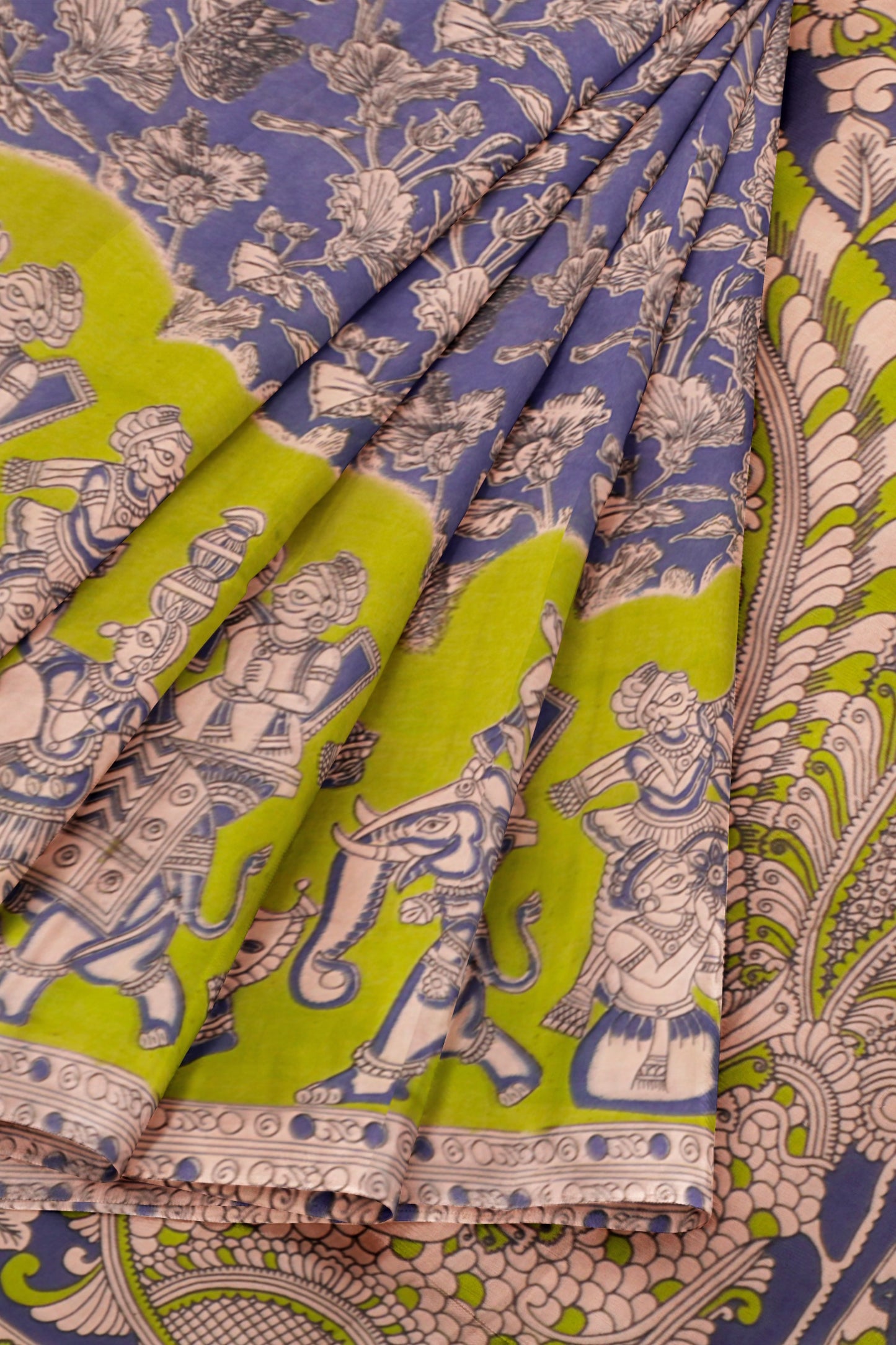 Violet Kalamkari Pure Cotton Folk Scenes Border Saree