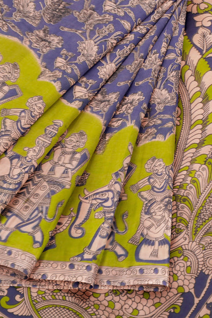 Violet Kalamkari Pure Cotton Folk Scenes Border Saree