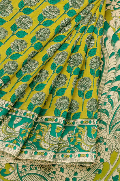 Green Kalamkari Pure Cotton Floral Print Peacock Border Saree