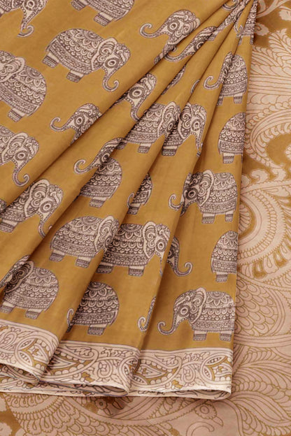 Dark Mustard Yellow Kalamkari Pure Cotton Elephant Print Peacock Pallu Saree