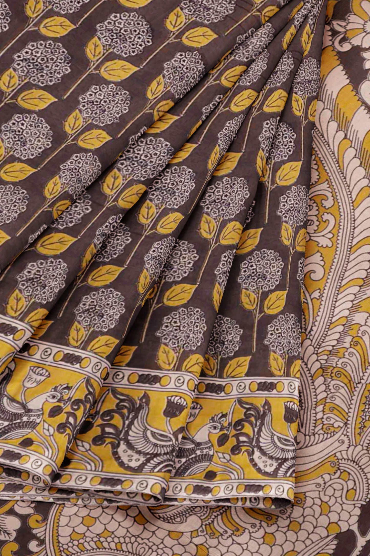 Dark Brown Kalamkari Pure Cotton Sunshine Fields Peacock Pallu Saree