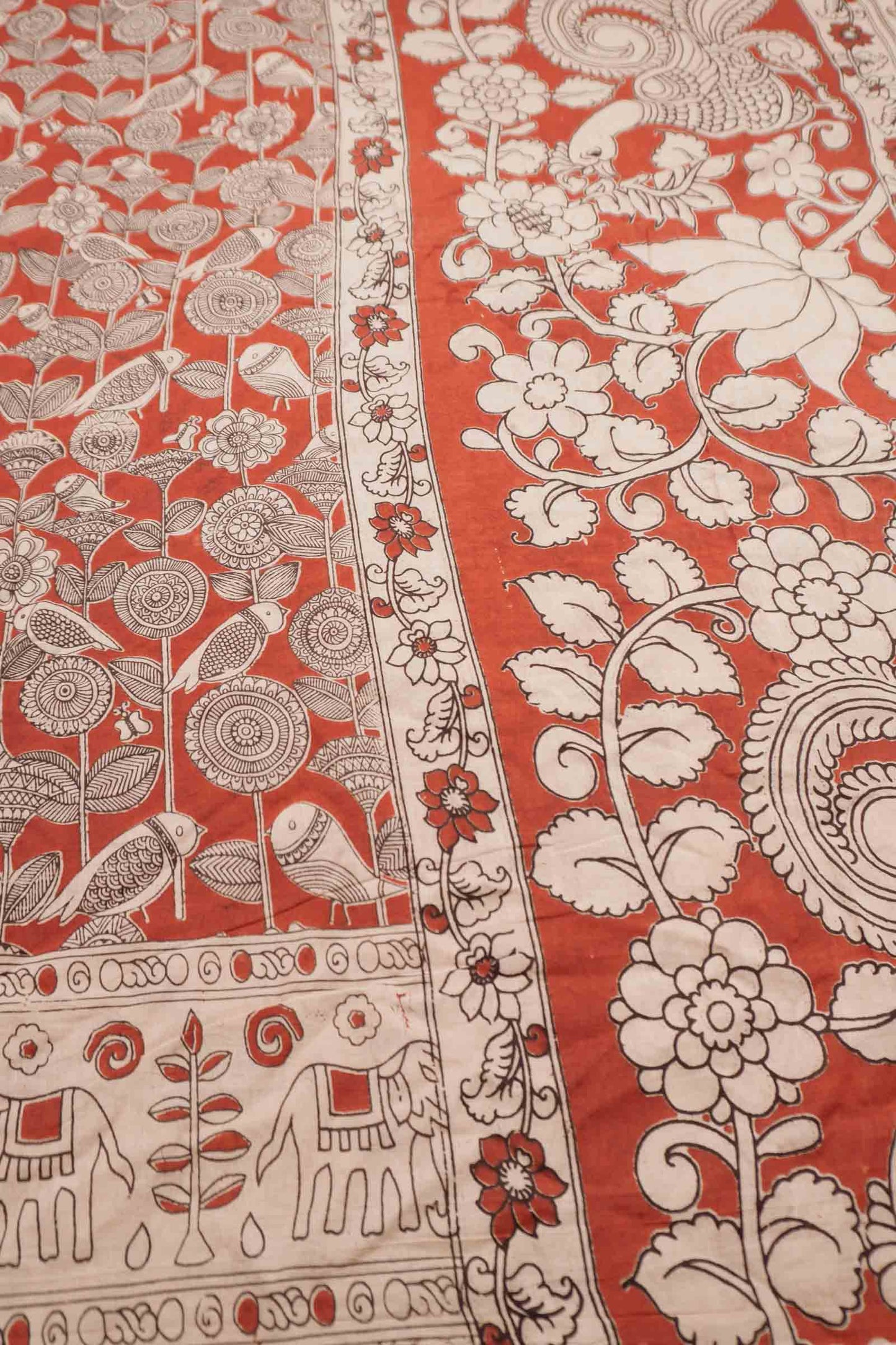 Maroon Kalamkari Pure Cotton Floral Print Peacock Pallu Saree