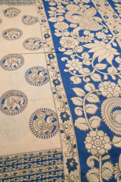 Off White Kalamkari Pure Cotton Peacock Chakra Saree