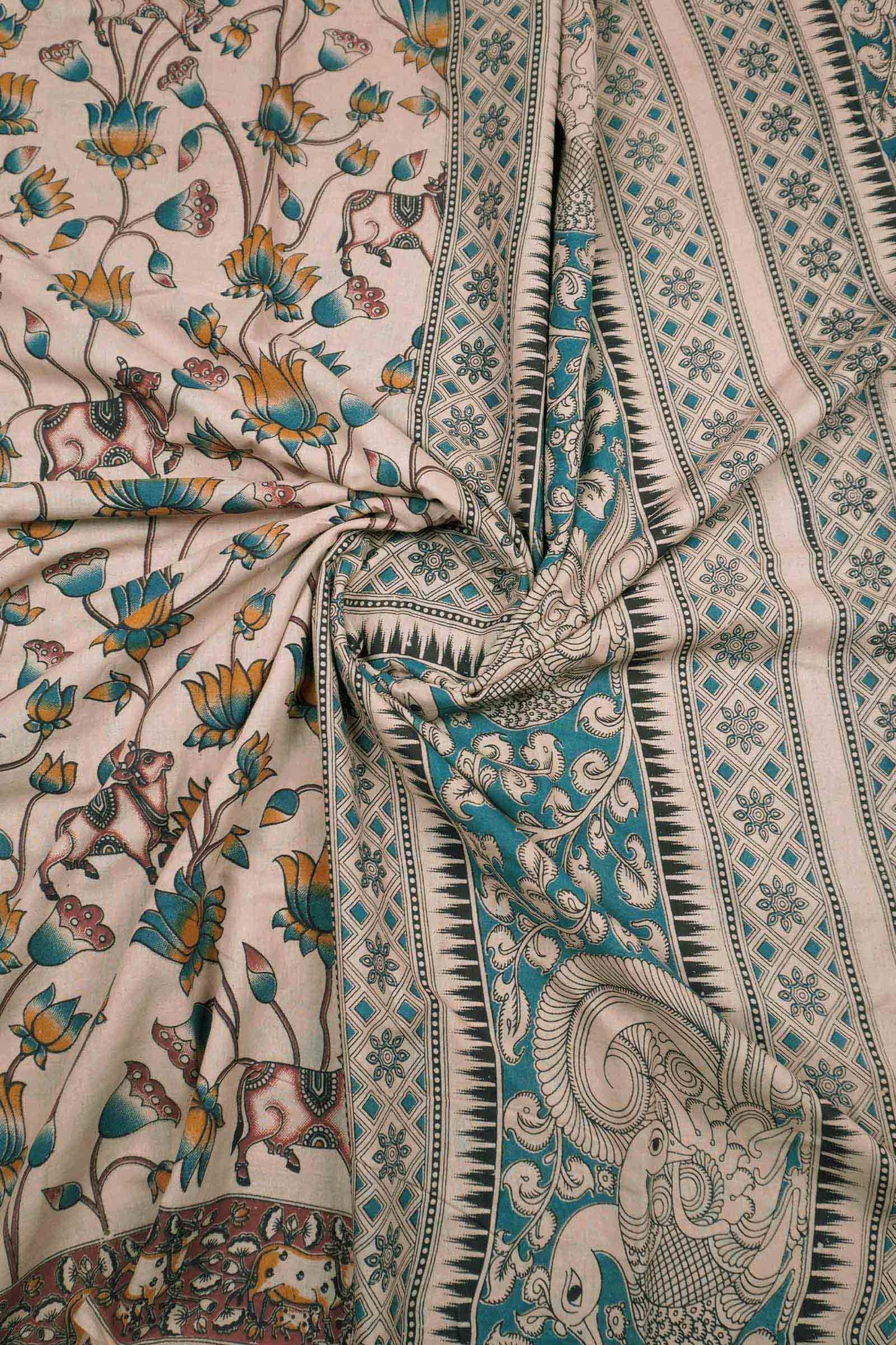 Off White Kalamkari Pure Cotton Lotus Print Peacock Pallu Saree