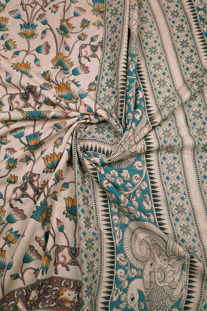 Off White Kalamkari Pure Cotton Lotus Print Peacock Pallu Saree