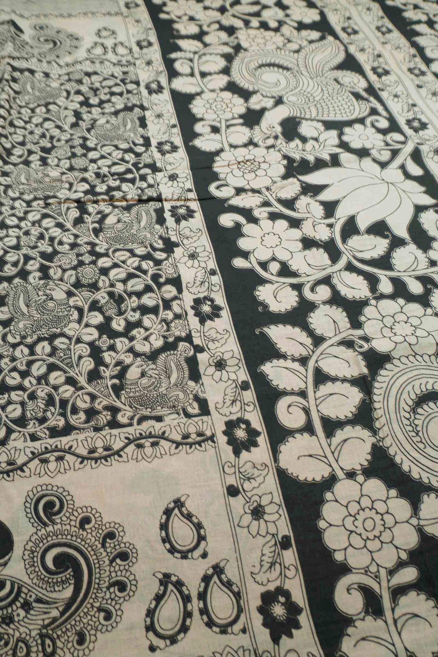 Black Kalamkari Pure Cotton Kalamkari Florals Peacock Border Pallu Saree