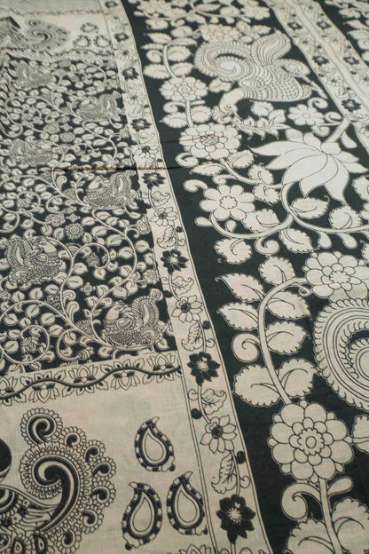 Black Kalamkari Pure Cotton Kalamkari Florals Peacock Border Pallu Saree
