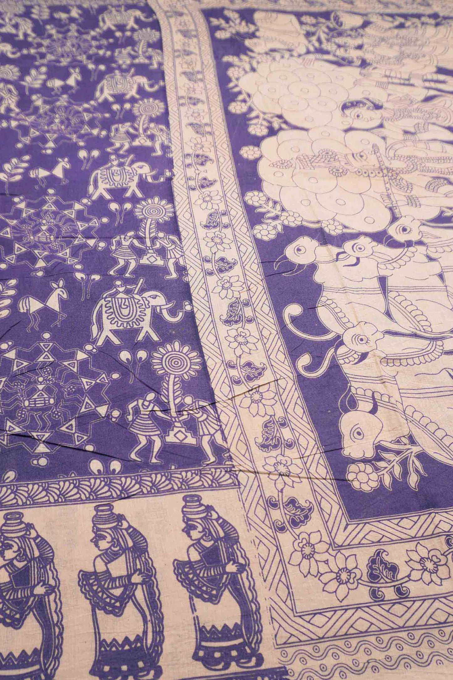 Violet Kalamkari Pure Cotton Warli Style Print  Saree