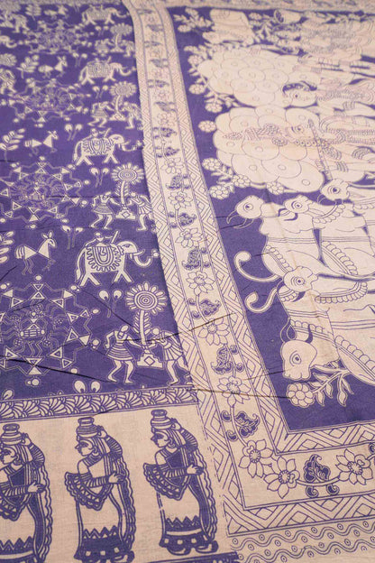 Violet Kalamkari Pure Cotton Warli Style Print  Saree
