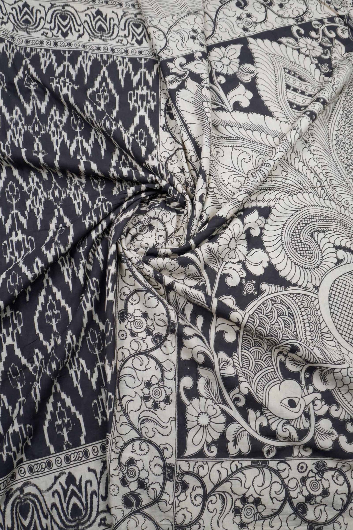 Black Kalamkari Pure Cotton Ikkat Style Print Peacock Pallu Saree