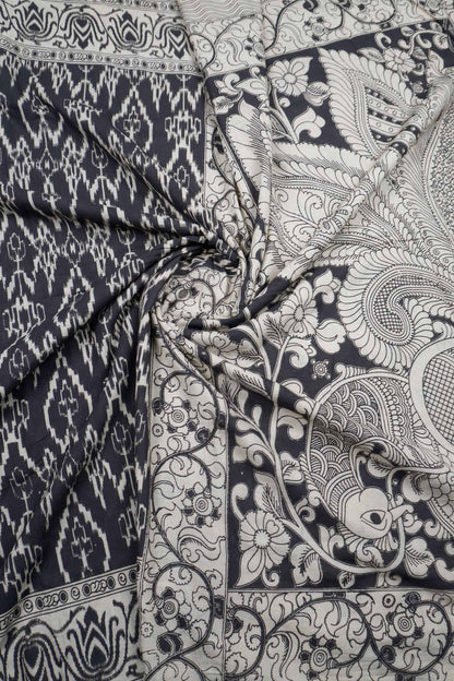 Black Kalamkari Pure Cotton Ikkat Style Print Peacock Pallu Saree