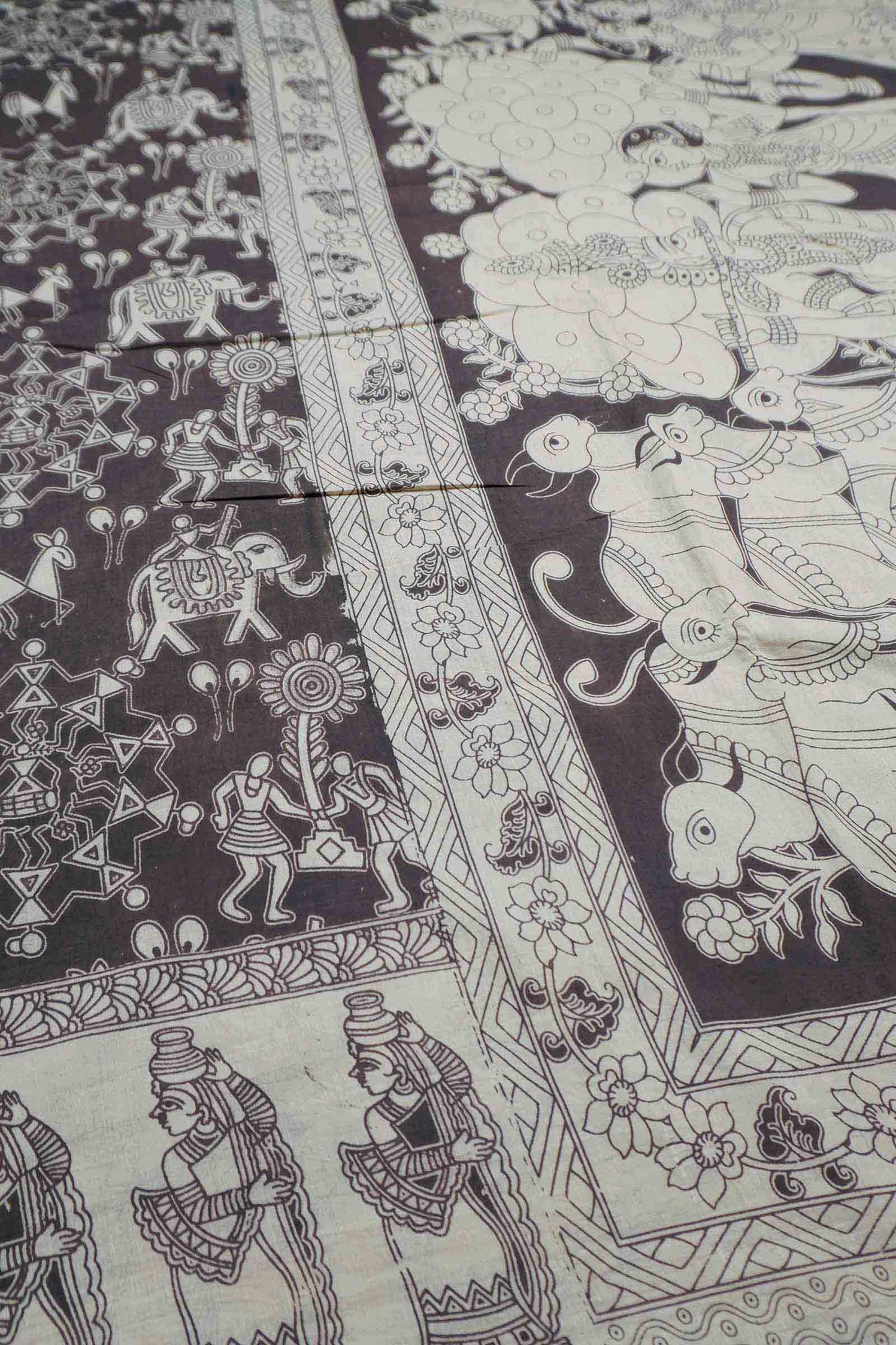 Black Kalamkari Pure Cotton Warli Inspired Print  Saree