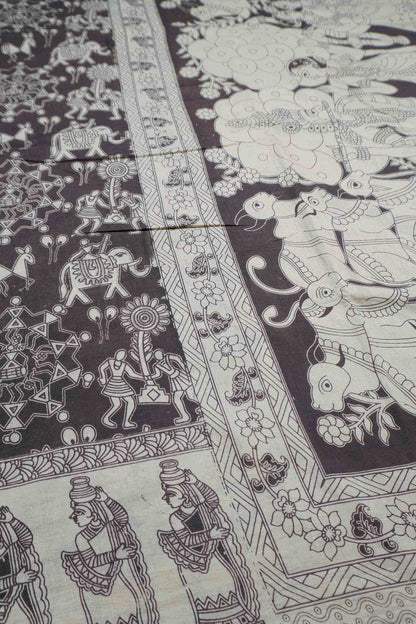 Black Kalamkari Pure Cotton Warli Inspired Print  Saree