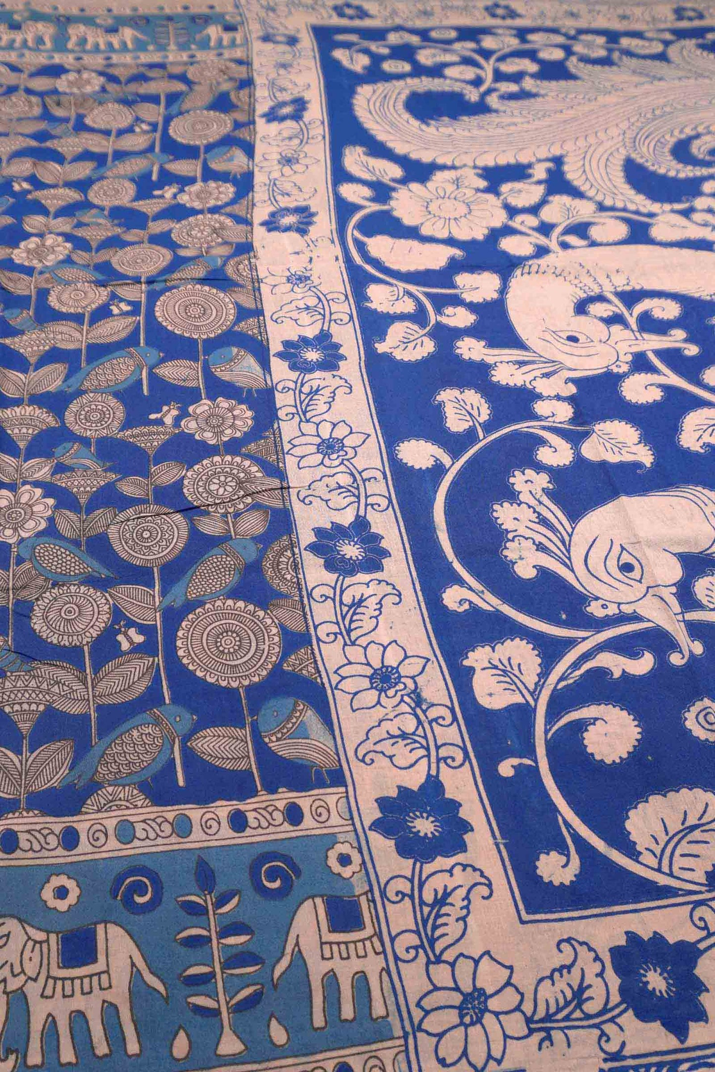 Blue Kalamkari Pure Cotton Elephant Border Peacock Pallu Saree