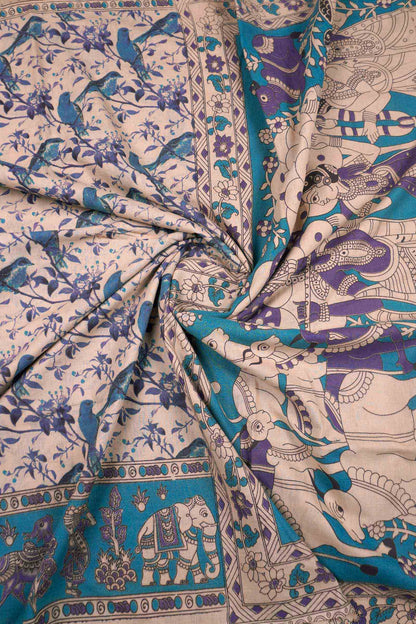 Off White Kalamkari Pure Cotton Elephant Border Ethnic Pallu Saree