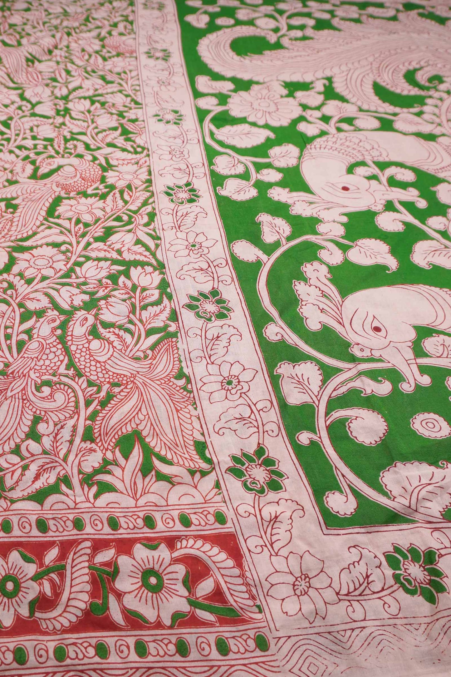 Green Kalamkari Pure Cotton Floral Print Peacock Pallu Saree