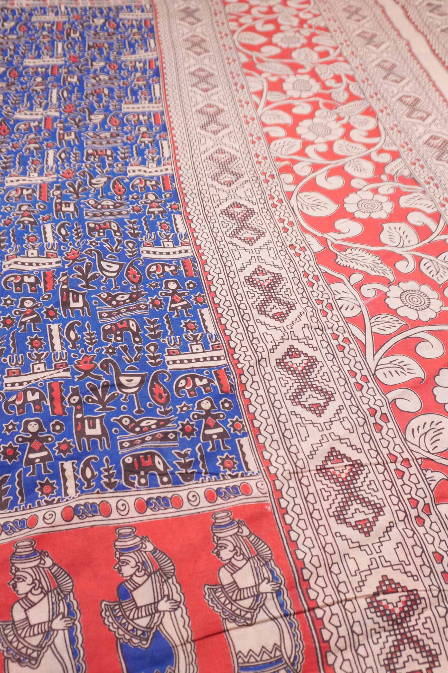 Blue Kalamkari Pure Cotton Fancy Stamp Print Floral Pallu Saree