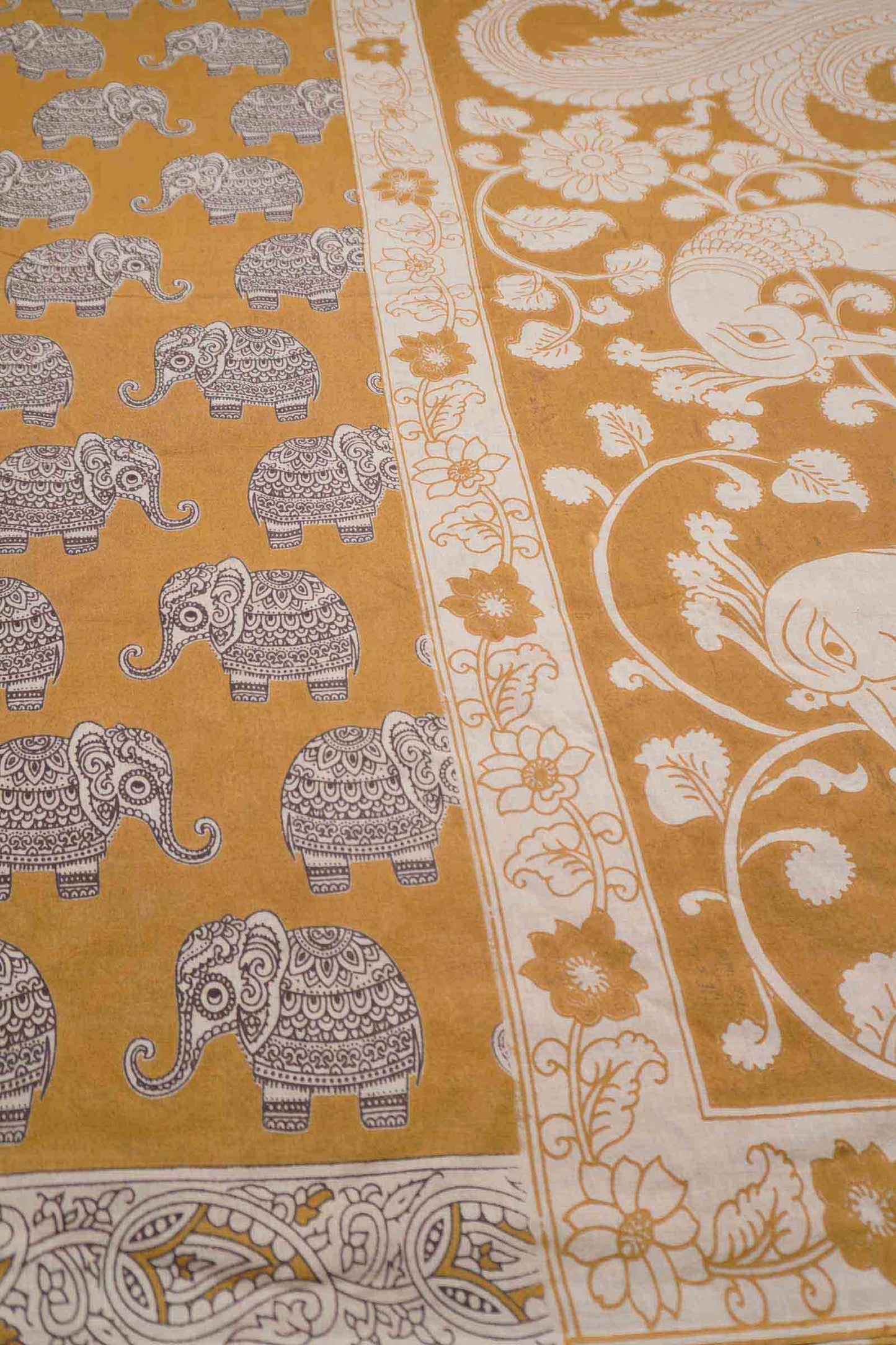 Dark Mustard Yellow Kalamkari Pure Cotton Elephant Print Peacock Pallu Saree