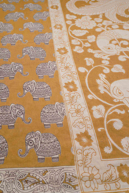 Dark Mustard Yellow Kalamkari Pure Cotton Elephant Print Peacock Pallu Saree