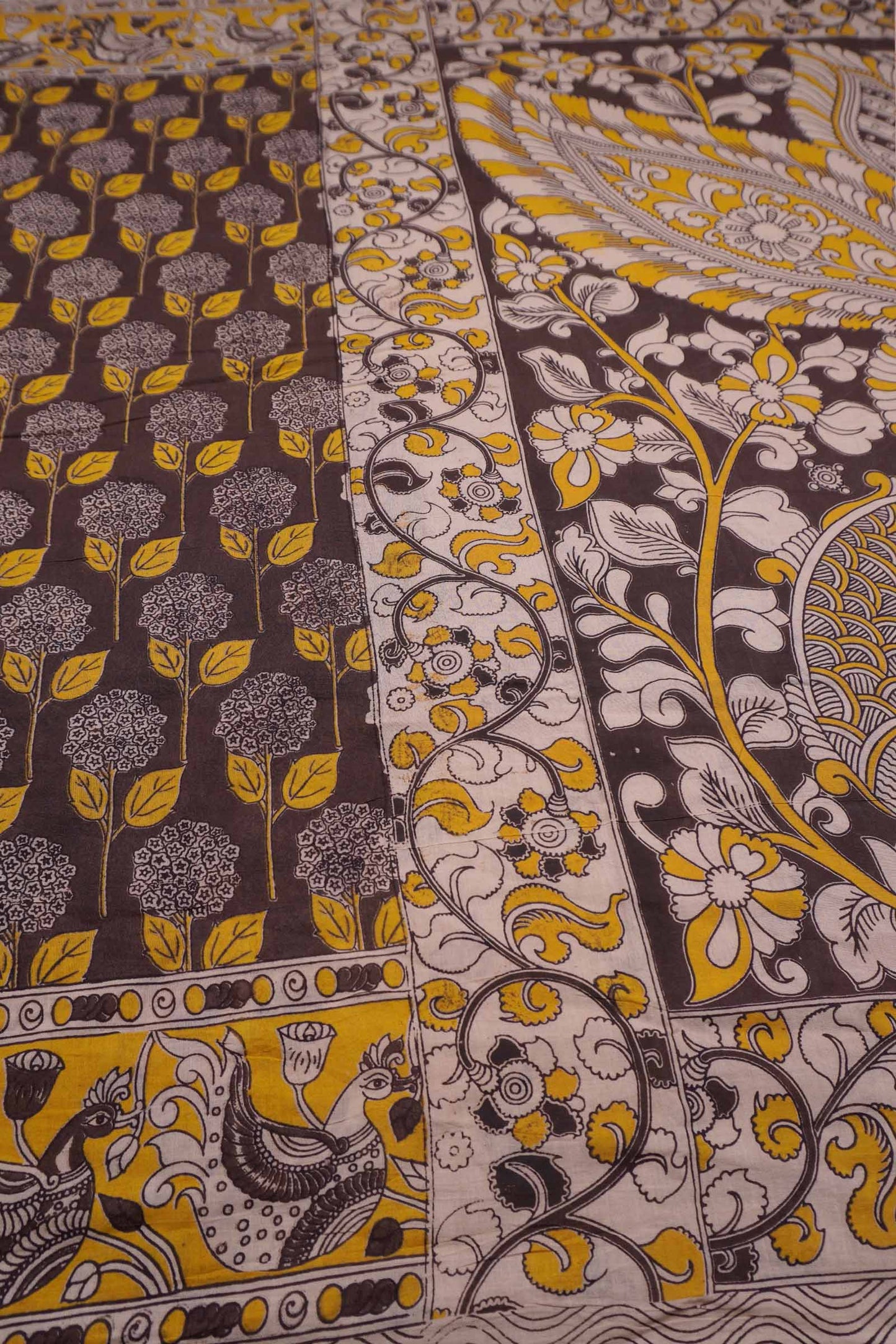 Dark Brown Kalamkari Pure Cotton Sunshine Fields Peacock Pallu Saree