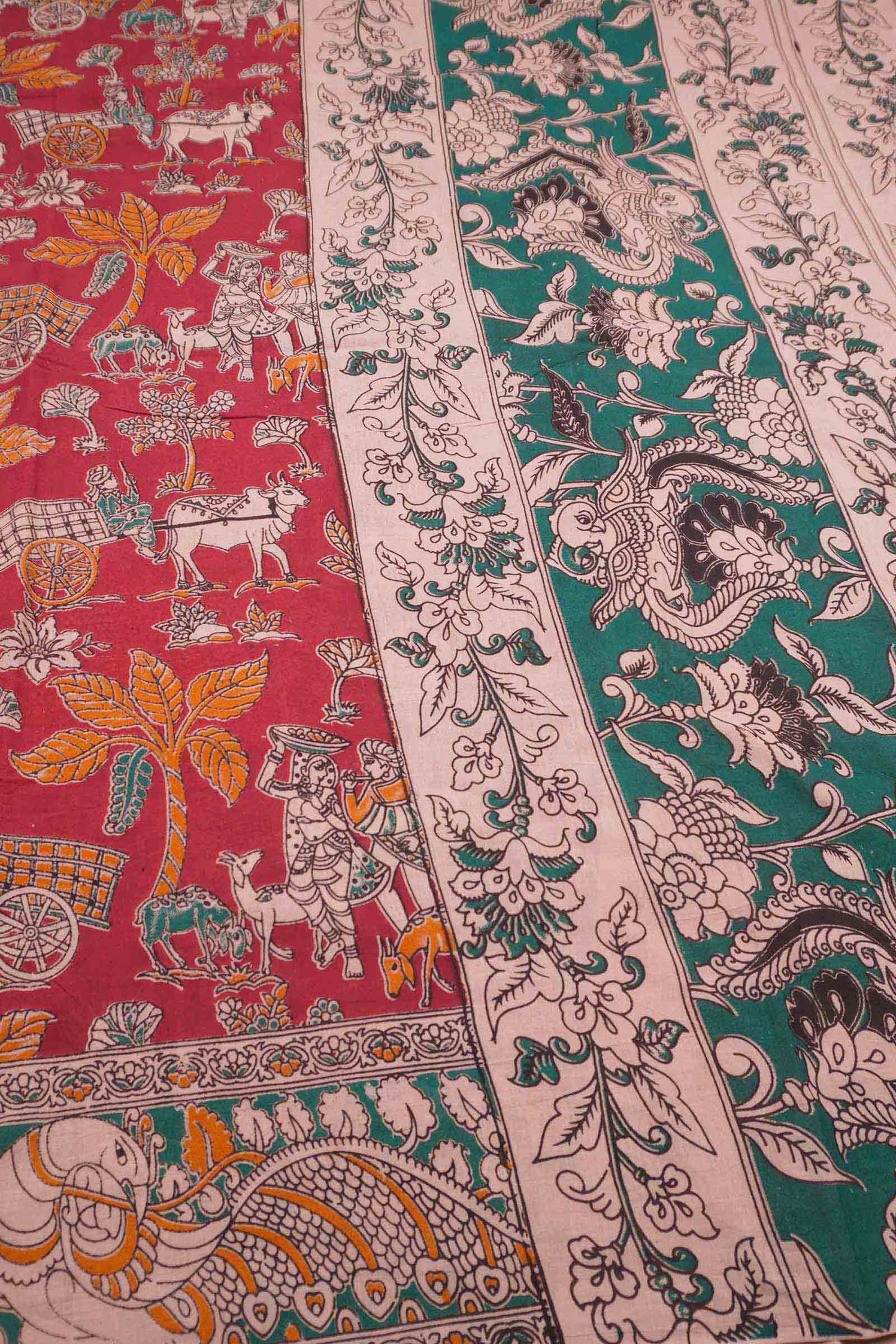 Red Kalamkari Pure Cotton Village Art Print  Saree