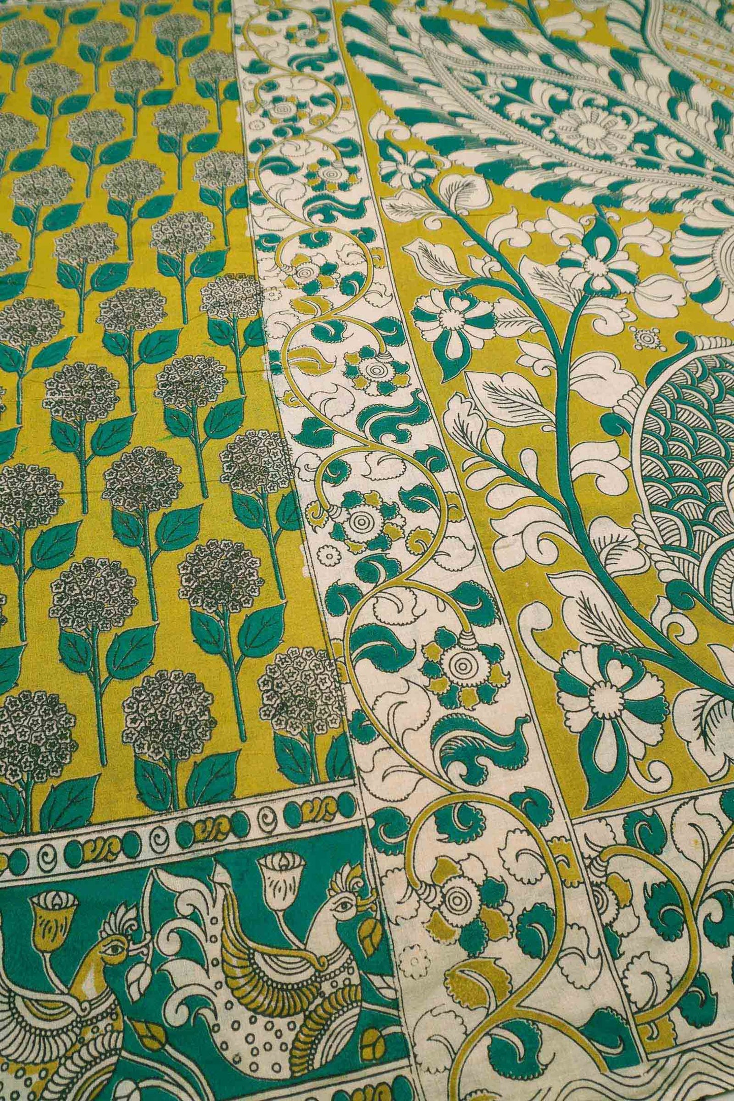 Green Kalamkari Pure Cotton Floral Print Peacock Border Saree