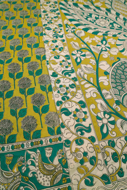 Green Kalamkari Pure Cotton Floral Print Peacock Border Saree