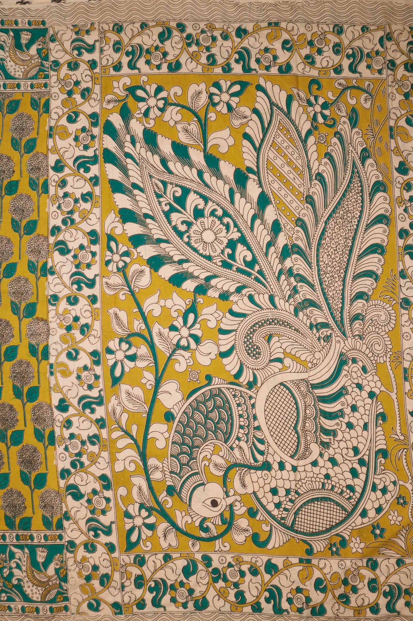 Green Kalamkari Pure Cotton Floral Print Peacock Border Saree