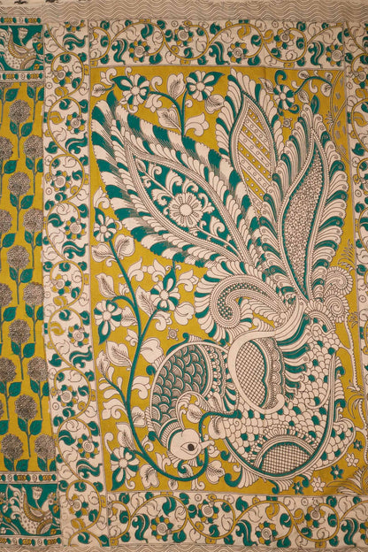 Green Kalamkari Pure Cotton Floral Print Peacock Border Saree