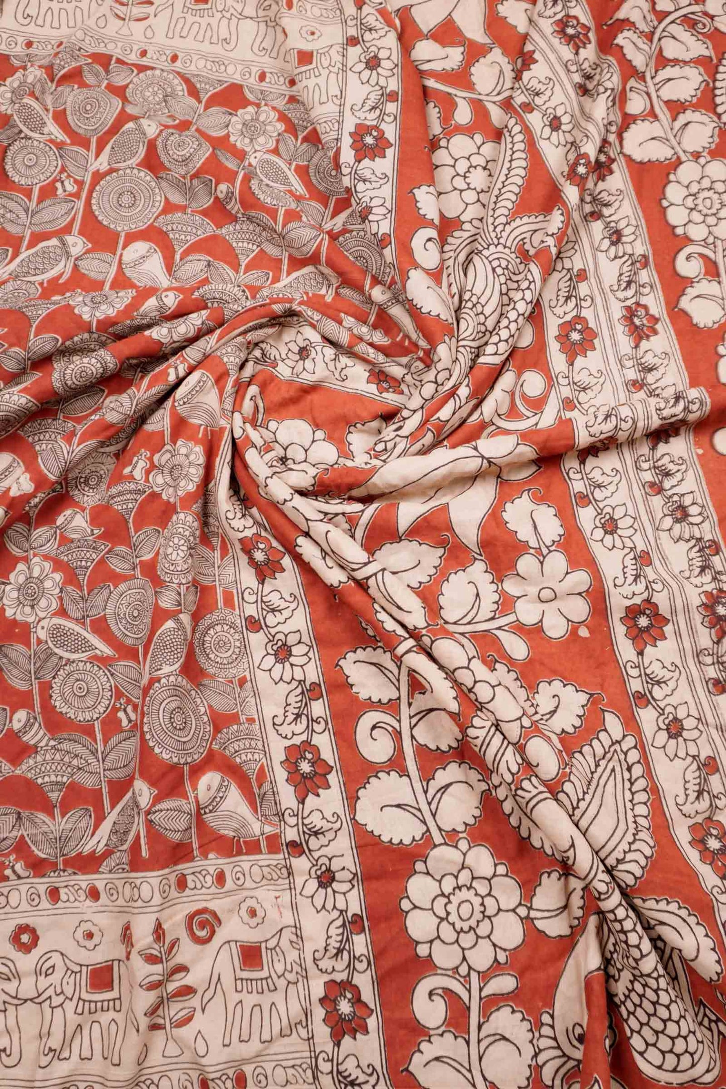 Maroon Kalamkari Pure Cotton Floral Print Peacock Pallu Saree