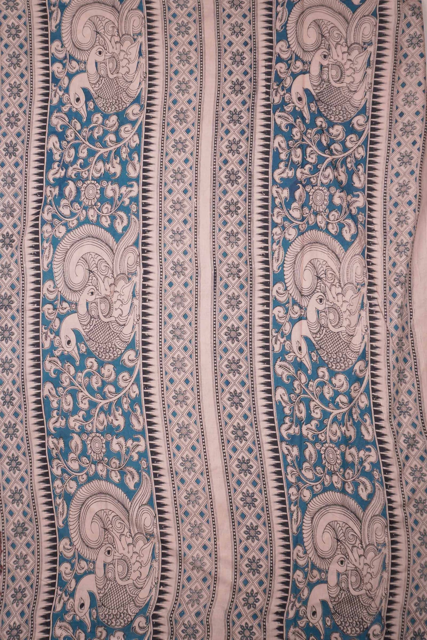 Off White Kalamkari Pure Cotton Lotus Print Peacock Pallu Saree