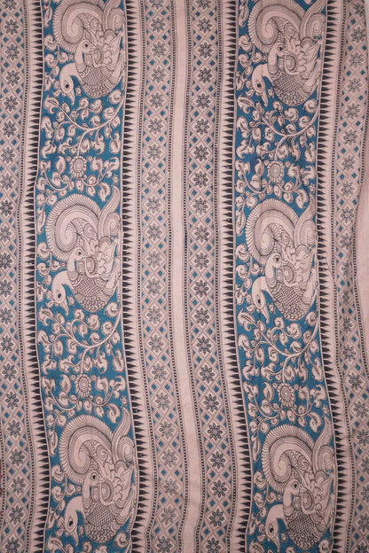 Off White Kalamkari Pure Cotton Lotus Print Peacock Pallu Saree