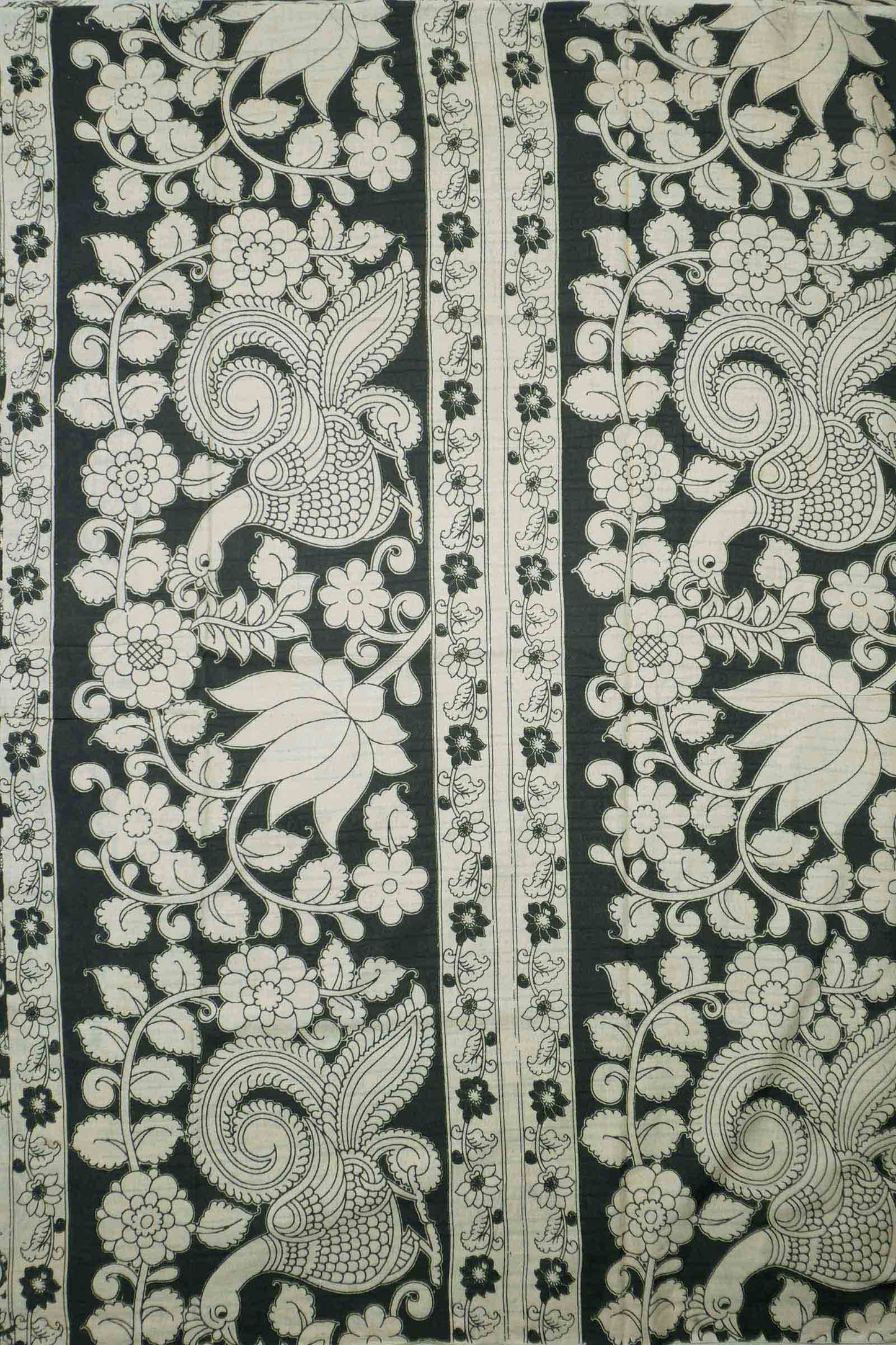 Black Kalamkari Pure Cotton Kalamkari Florals Peacock Border Pallu Saree