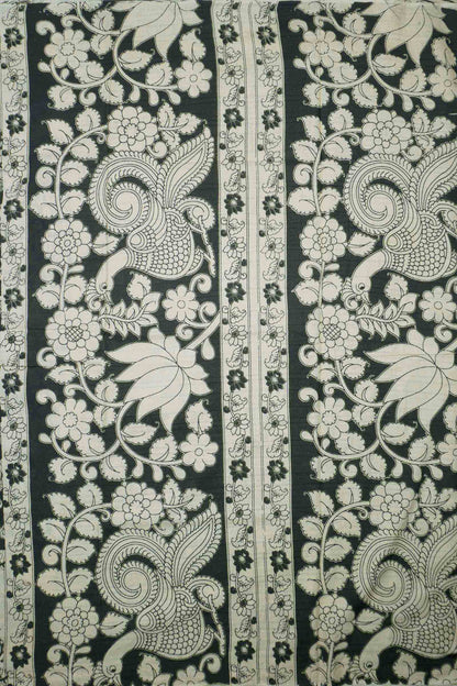 Black Kalamkari Pure Cotton Kalamkari Florals Peacock Border Pallu Saree