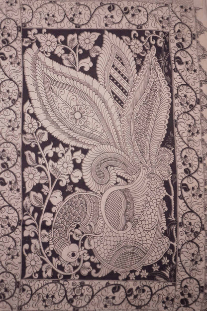 Black Kalamkari Pure Cotton Ikkat Style Print Peacock Pallu Saree