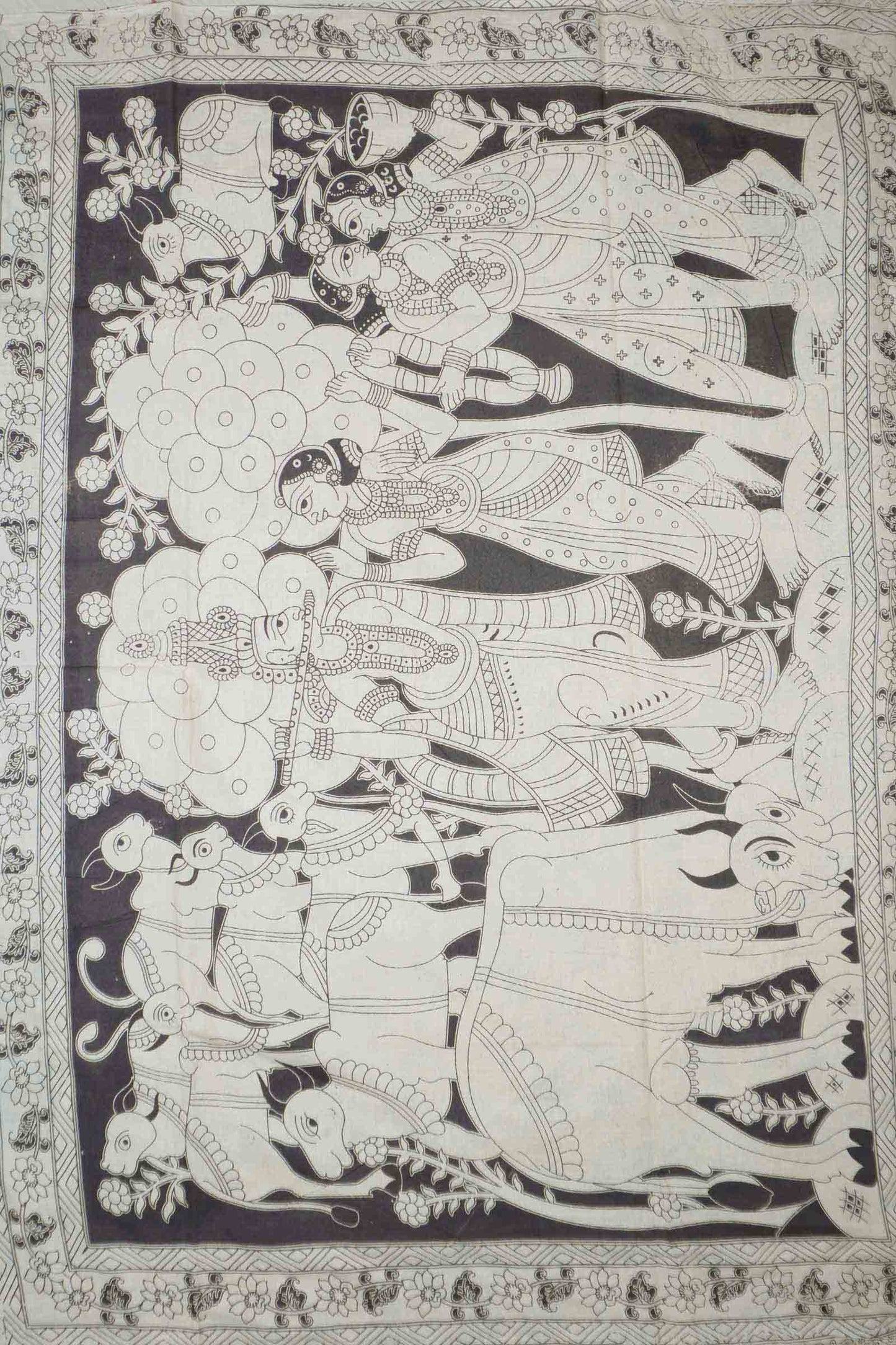 Black Kalamkari Pure Cotton Warli Inspired Print  Saree