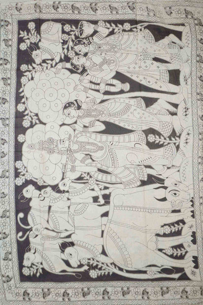 Black Kalamkari Pure Cotton Warli Inspired Print  Saree