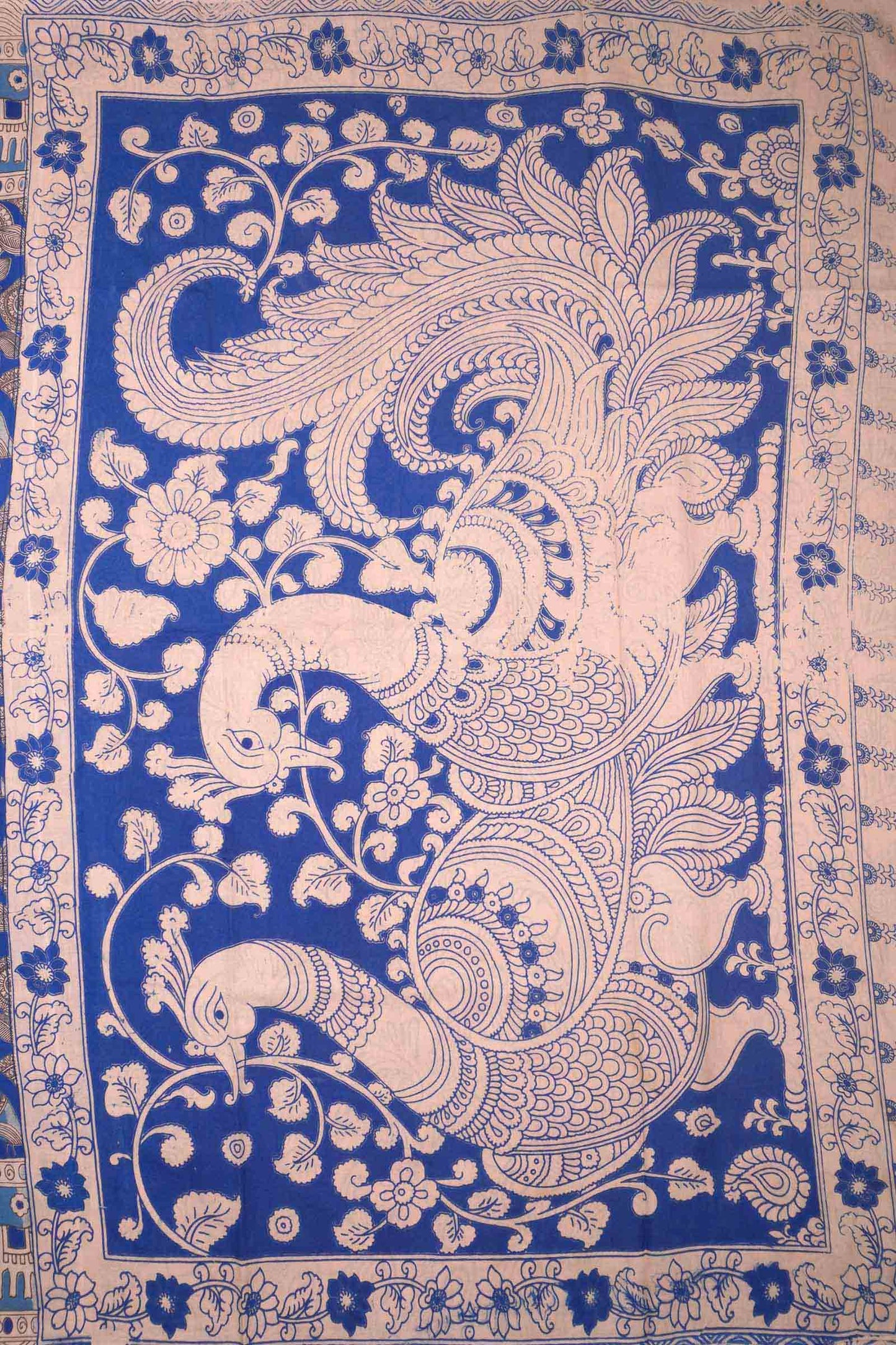 Blue Kalamkari Pure Cotton Elephant Border Peacock Pallu Saree