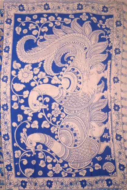 Blue Kalamkari Pure Cotton Elephant Border Peacock Pallu Saree